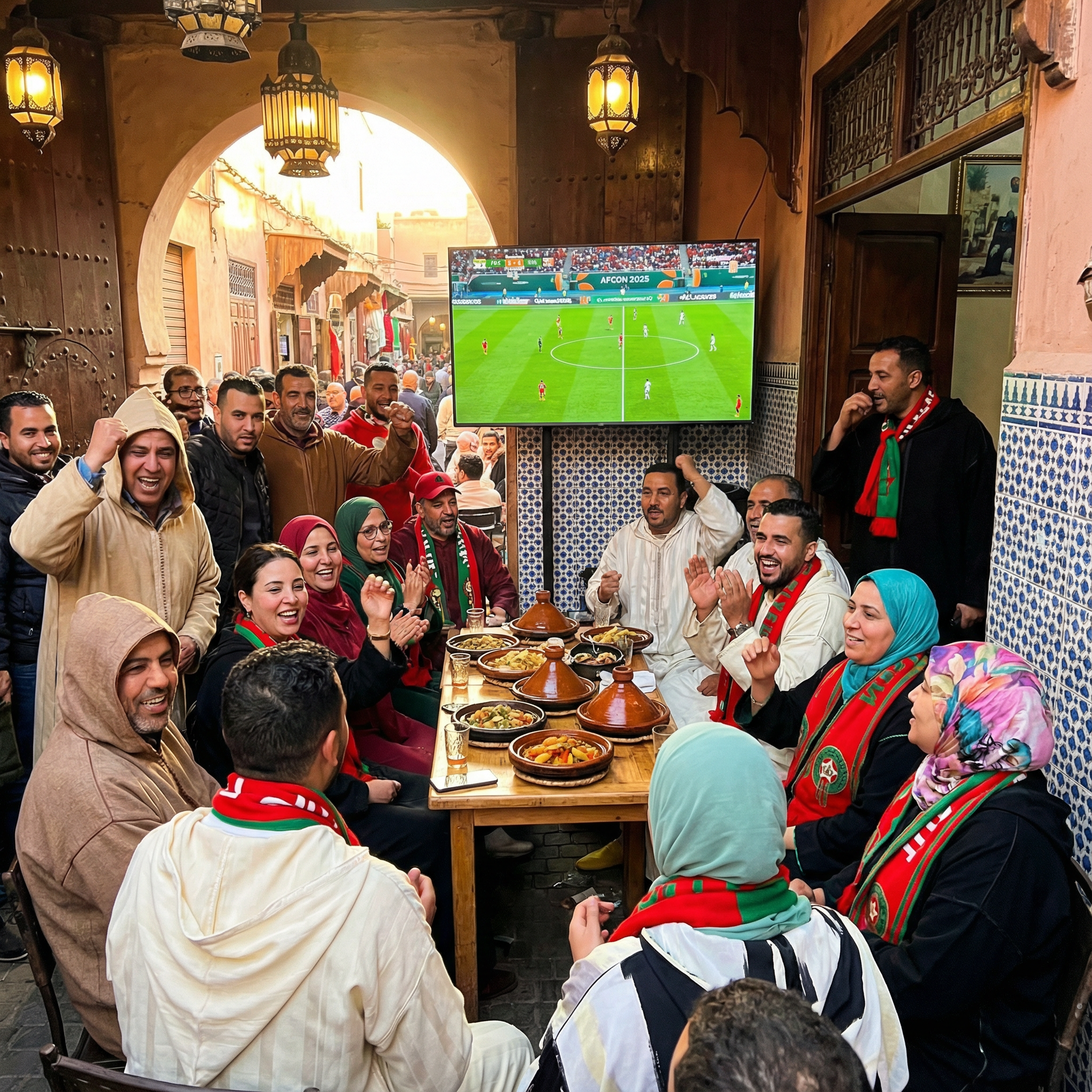 Moroccan fans in Marrakech medina enjoying how to watch AFCON 2025 matches on communal screens, blending soccer excitement with local culture—essential guide to streaming AFCON 2025 broadcast options for travelers and sports lovers.