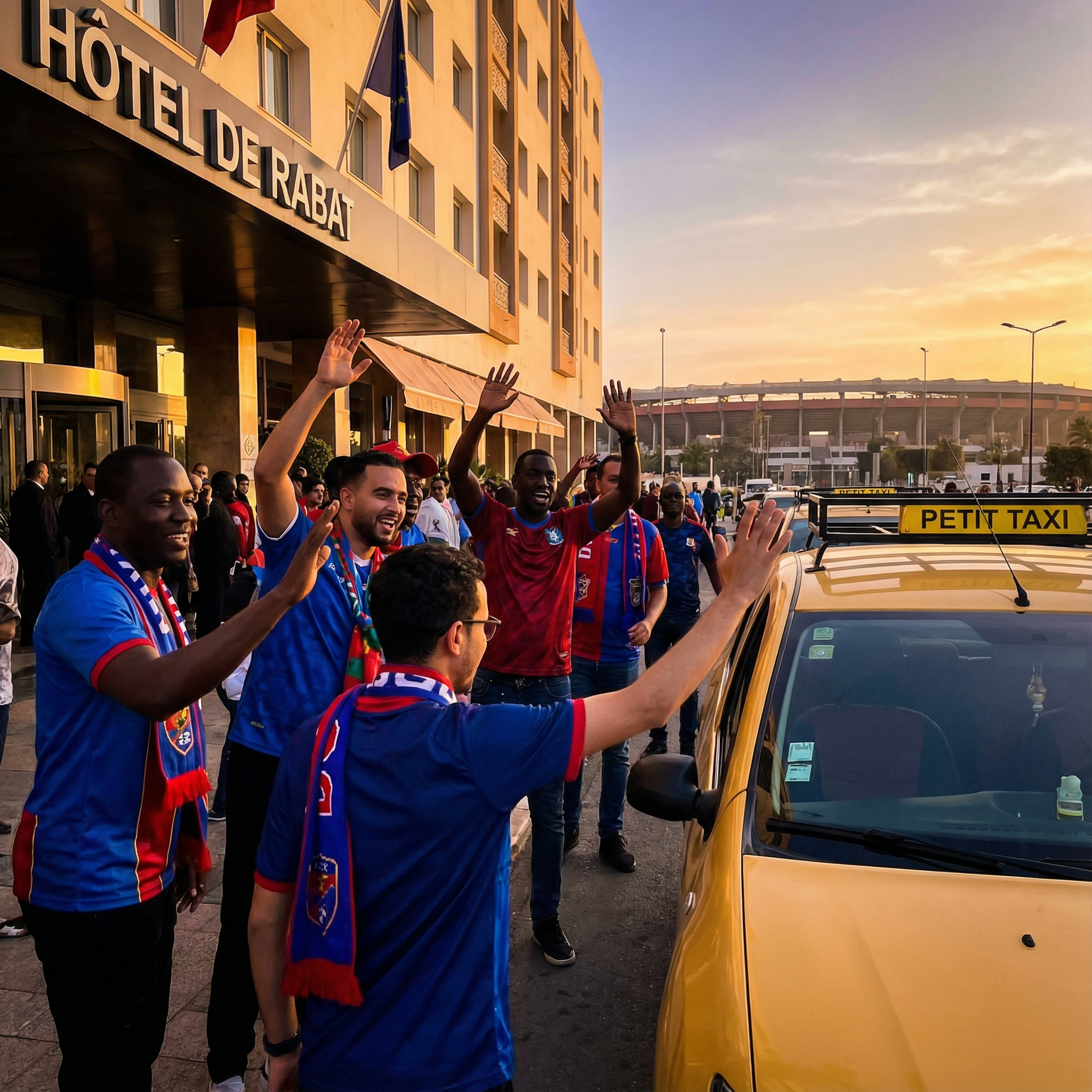 Fans calling a taxi to Rabat Stadium AFCON near Rabat's city center, featuring local petit taxis for quick 7km trips to the sports complex, essential guide for reliable taxi to AFCON stadium during Morocco's hosting event
