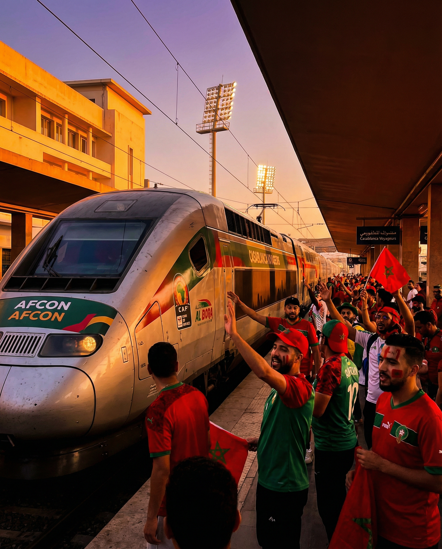 Al Boraq train at Casablanca Voyageurs station for train Casablanca Rabat AFCON travel, efficient rail option connecting fans to Mohammed V Stadium for 2025 Africa Cup of Nations matches