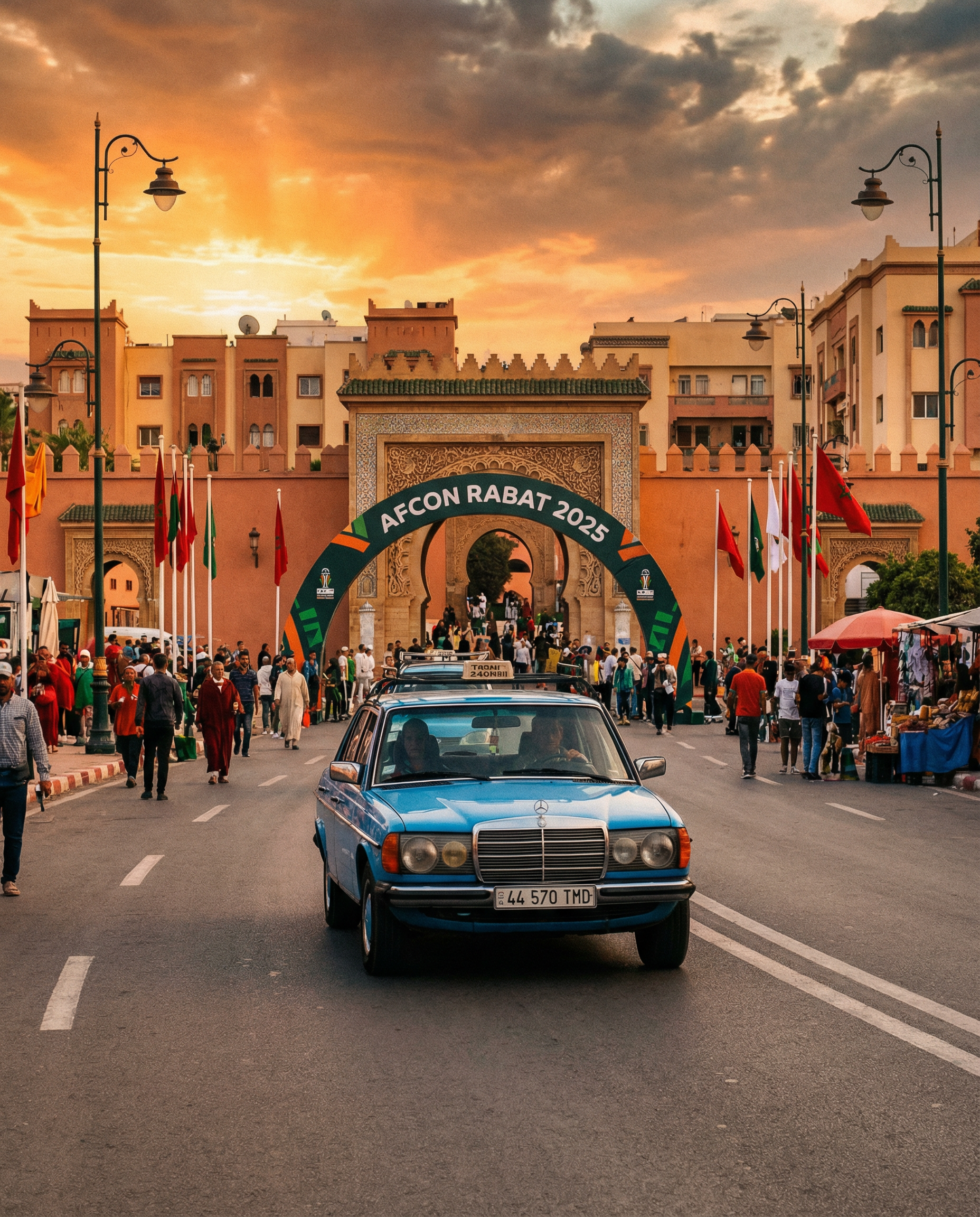 Blue petit taxi en route to Rabat Stadium AFCON in Rabat, illustrating easy transportation options from downtown for fans attending the Prince Moulay Abdellah venue, key for how to get to AFCON stadium and avoid match day hassles
