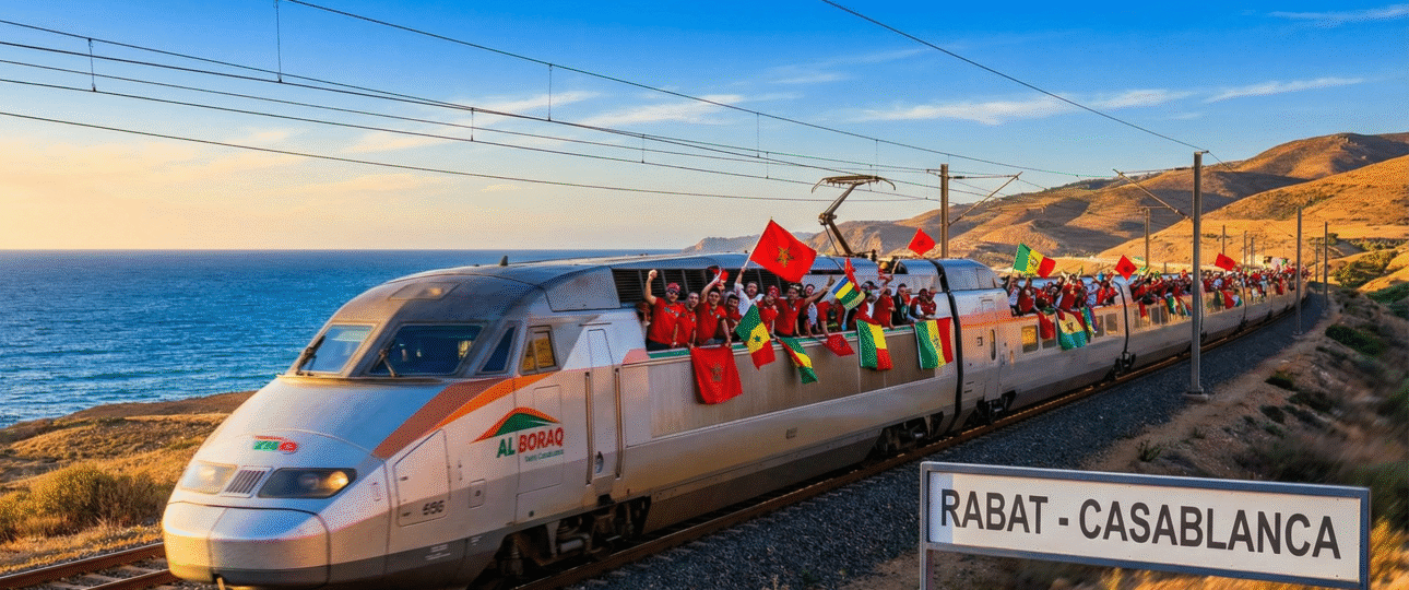 High-speed train from Casablanca to Rabat for AFCON 2025 matches, reliable transport between Mohammed V and Prince Moulay Abdellah Stadiums, scenic Moroccan rail journey for football fans