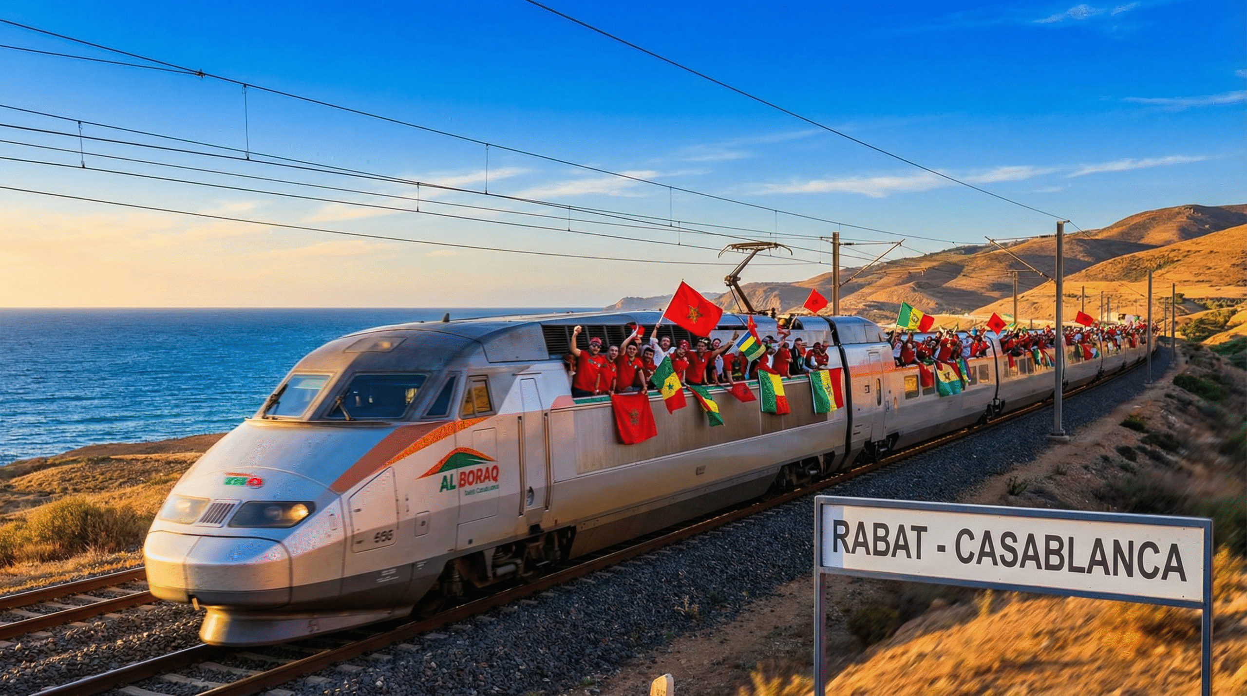 High-speed train from Casablanca to Rabat for AFCON 2025 matches, reliable transport between Mohammed V and Prince Moulay Abdellah Stadiums, scenic Moroccan rail journey for football fans