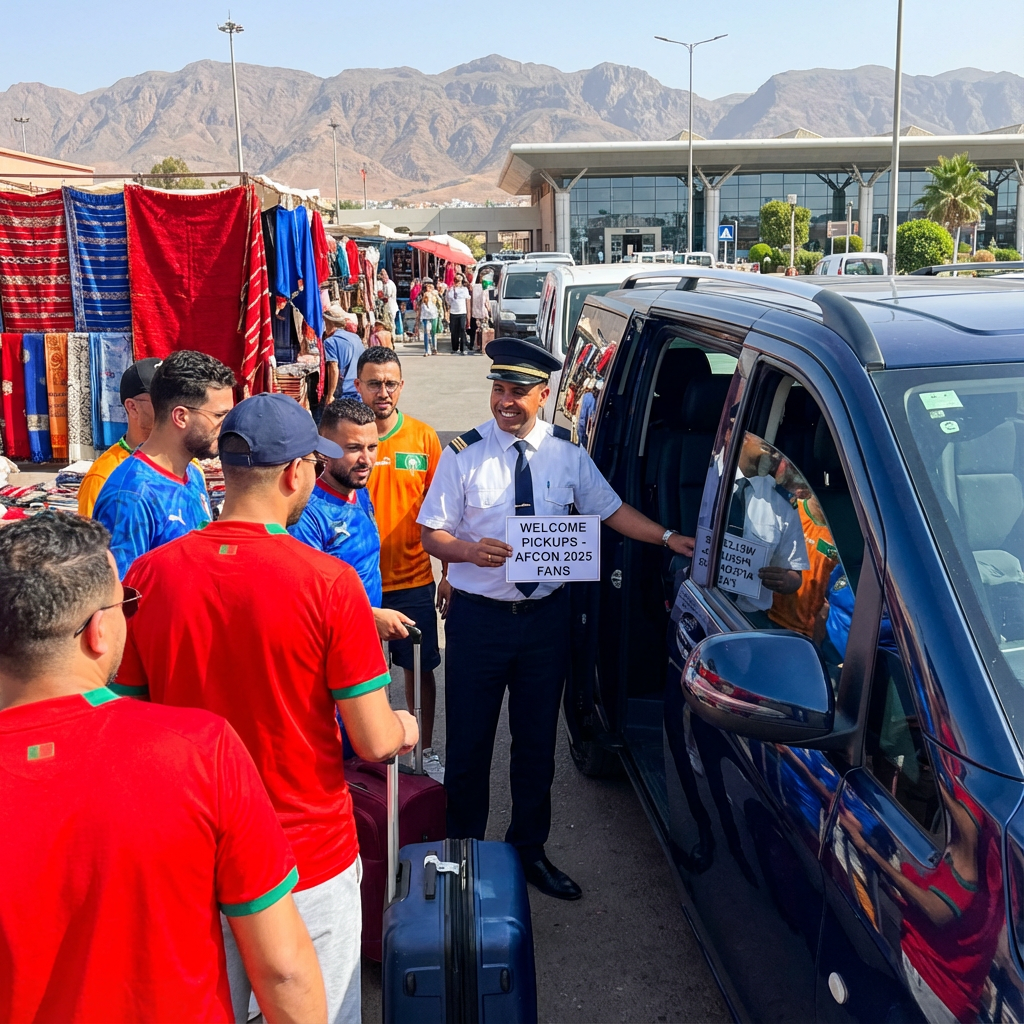 Casablanca airport to city transfers for AFCON 2025 Morocco: Private van en route with scenic views of landmarks, offering efficient and stress-free options over taxis for soccer fans exploring the tournament