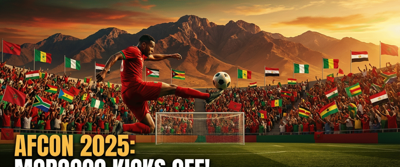 Exciting AFCON 2025 matches in Morocco: Fans cheering in a packed stadium with Atlas Mountains backdrop, perfect guide on how to watch AFCON 2025 matches via streaming and broadcast for global soccer enthusiasts seeking thrilling African tournament action
