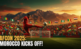 Exciting AFCON 2025 matches in Morocco: Fans cheering in a packed stadium with Atlas Mountains backdrop, perfect guide on how to watch AFCON 2025 matches via streaming and broadcast for global soccer enthusiasts seeking thrilling African tournament action