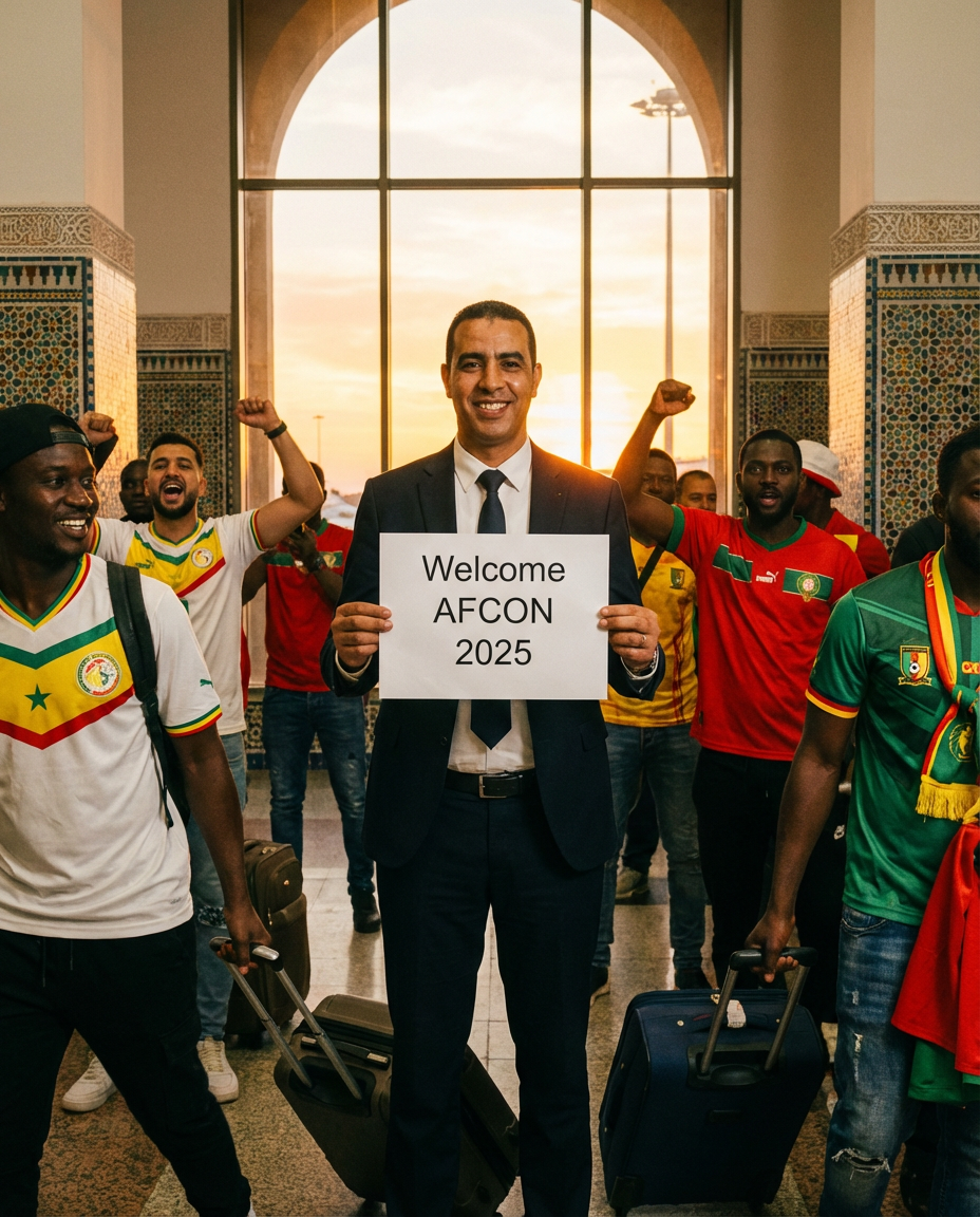 Pre-booked airport transfers for AFCON 2025 Morocco: Friendly driver greeting fans at Casablanca Mohammed V Airport, providing reliable private rides to avoid tournament crowds and enjoy seamless Morocco travel