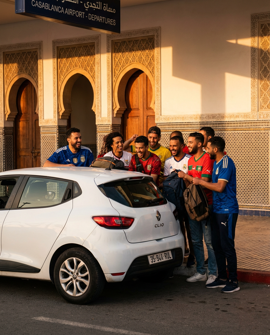 Rent a car Morocco AFCON 2025 at Casablanca Airport: Fans preparing for flexible travel to matches in Rabat and Agadir, exploring Morocco's vibrant culture and stadiums during the Africa Cup of Nations event.