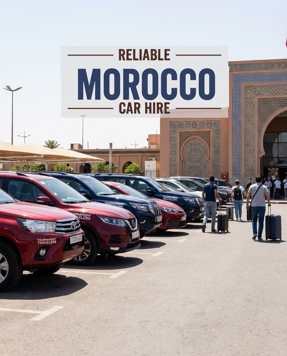 Car rental options in Morocco for AFCON 2025: Diverse fleet of vehicles at Marrakech Airport from companies like Sovoycars and Alfanouscar, perfect for budget-friendly trips to Casablanca and Agadir stadiums during the soccer event.