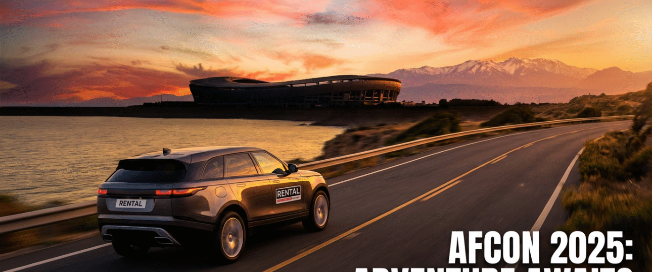 Car rental Morocco for AFCON 2025: Rental car speeding along coastal road to stadium, ideal for flexible tournament travel across Rabat, Casablanca, and Marrakesh venues, capturing Morocco's stunning landscapes and soccer passion in 2025