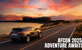 Car rental Morocco for AFCON 2025: Rental car speeding along coastal road to stadium, ideal for flexible tournament travel across Rabat, Casablanca, and Marrakesh venues, capturing Morocco's stunning landscapes and soccer passion in 2025