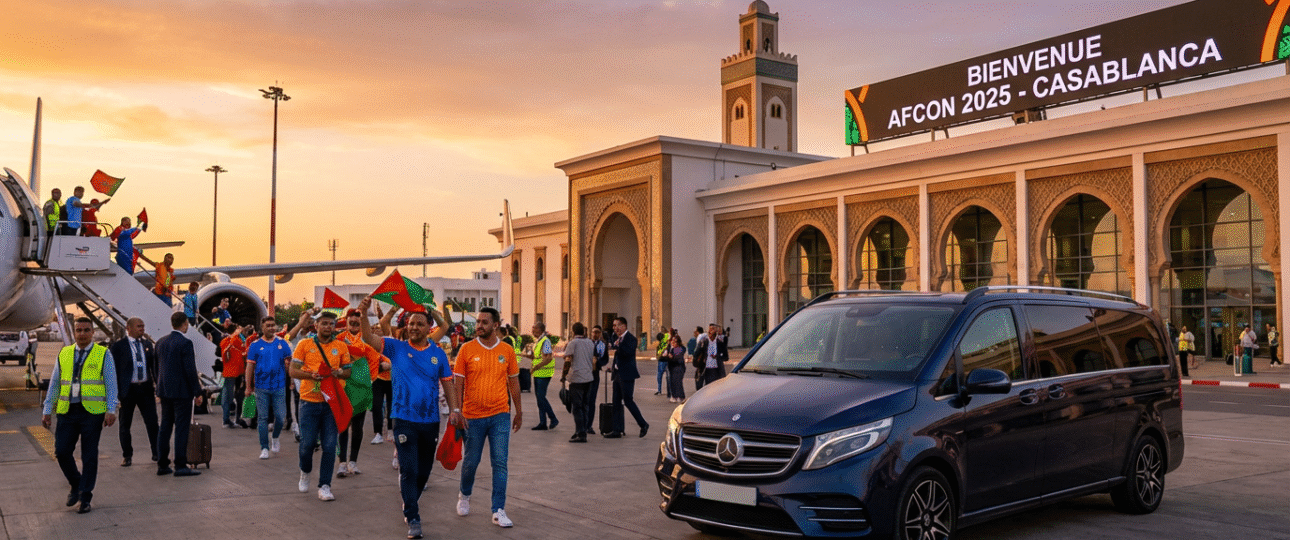 Efficient airport transfers for AFCON 2025 Morocco: Fans arriving at Casablanca airport in a private Welcome Pickups van, ensuring hassle-free transport to the Africa Cup of Nations matches in vibrant Moroccan cities like Marrakech and Rabat