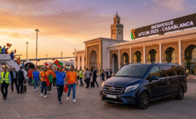 Efficient airport transfers for AFCON 2025 Morocco: Fans arriving at Casablanca airport in a private Welcome Pickups van, ensuring hassle-free transport to the Africa Cup of Nations matches in vibrant Moroccan cities like Marrakech and Rabat