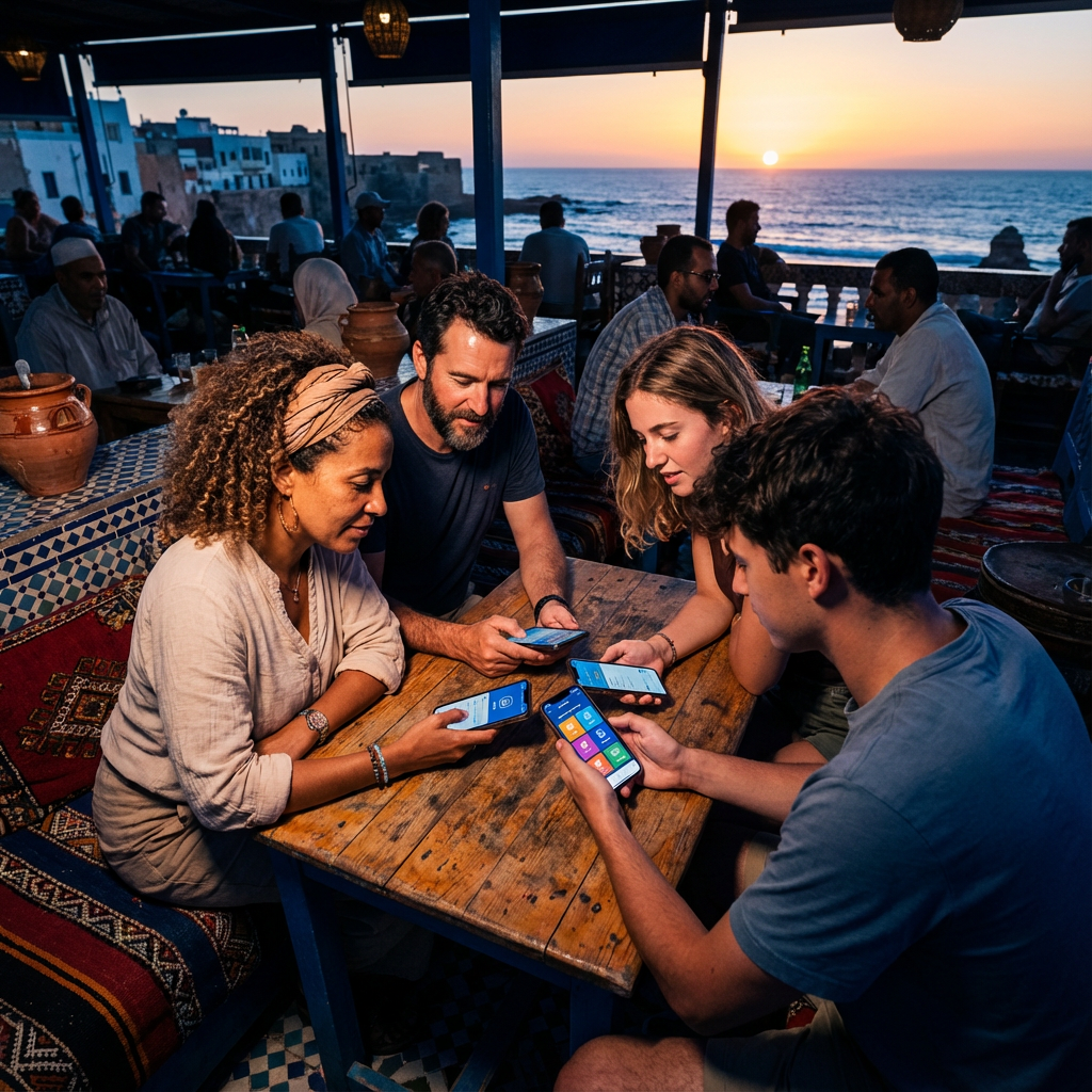 Activating the best eSIM for Morocco travel in Marrakech souks, convenient digital SIM setup for instant internet access while navigating bustling markets and historic sites, essential for tourists seeking reliable connectivity