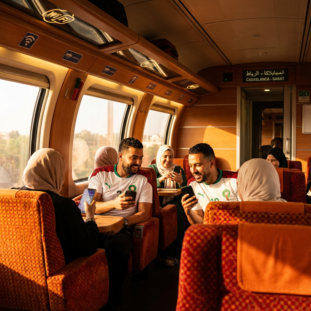 Comfortable first-class seating on train Casablanca Rabat AFCON service, affordable and convenient transport between AFCON cities for budget-conscious football supporters exploring Morocco