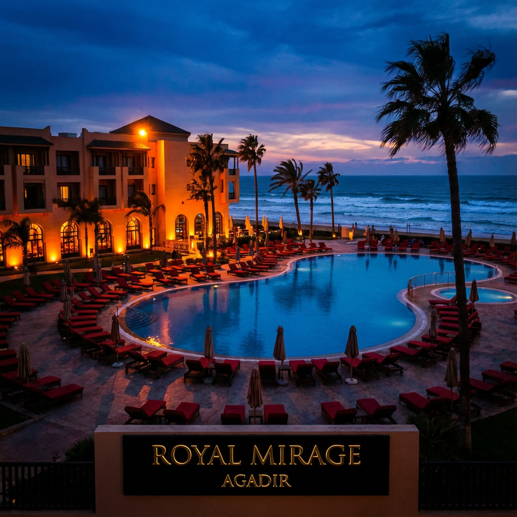 Top hotels Agadir AFCON recommendations like Royal Mirage for easy access to stadium, luxury beachfront stay during Morocco 2025 tournament, blending comfort and proximity to 5:00 PM kickoffs for seamless fan experience.