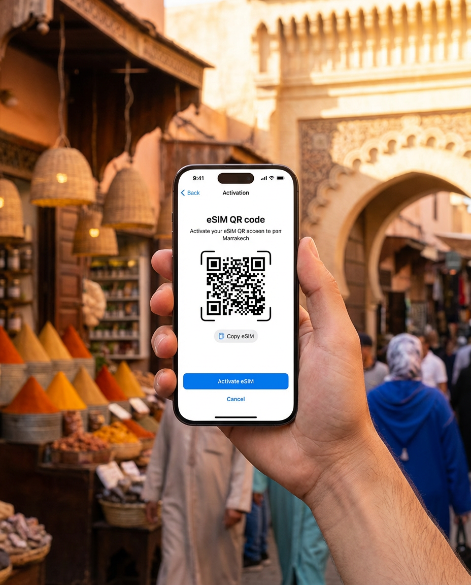 Travelers selecting the best eSIM for Morocco travel like Airalo and Saily in Essaouira, budget-friendly options for data plans covering urban and rural areas including Orange and Maroc Telecom networks, how to get internet in Morocco easily