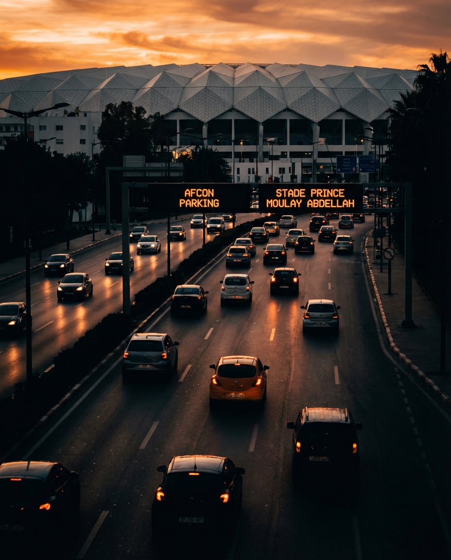 Driving directions to Rabat Stadium AFCON along Avenue Hassan II in Rabat, highlighting parking afcon stadium options at the 5,000+ spot lots near the 68,700-seat venue, tips for early arrival during high-traffic match days