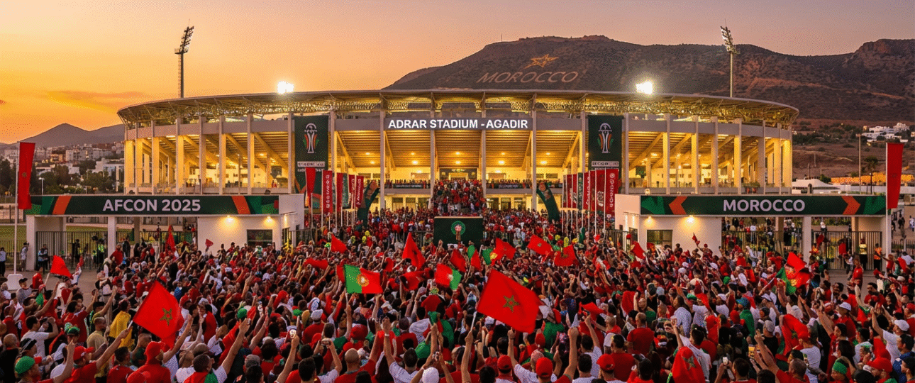 Exciting Agadir Stadium AFCON venue in Morocco for TotalEnergies CAF AFCON 2025, fans gathering for group-stage matches, blending coastal city vibes with thrilling football atmosphere, ultimate travel guide inspiration for international supporters.