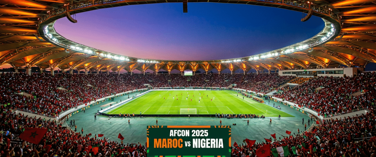 Aerial view of Rabat Stadium AFCON buzzing with fans during Morocco's match, showcasing the modern 68,700-seat venue in Rabat with its unique roof design and passionate crowd atmosphere, perfect for AFCON travelers seeking how to get there and parking info
