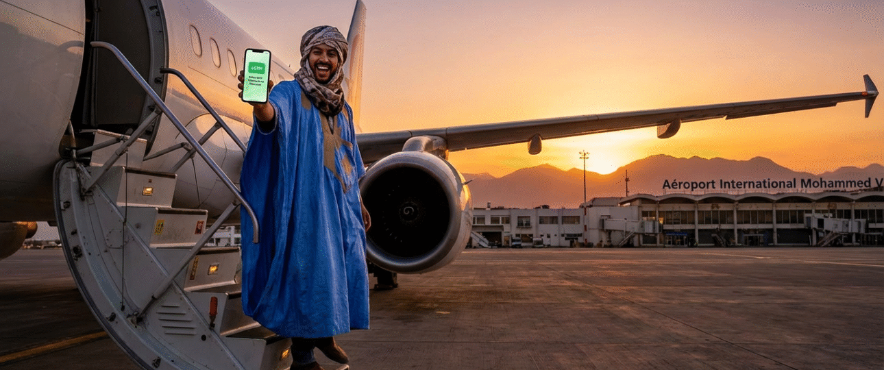 Traveler activating best eSIM for Morocco travel at Casablanca airport, ensuring seamless connectivity for exploring Marrakech souks and Sahara Desert, high-speed internet solution for worry-free adventures