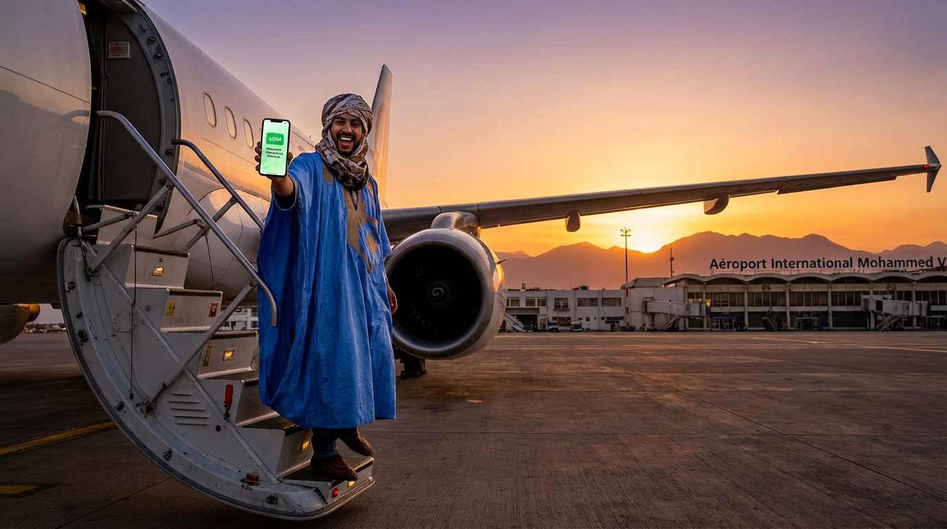 Traveler activating best eSIM for Morocco travel at Casablanca airport, ensuring seamless connectivity for exploring Marrakech souks and Sahara Desert, high-speed internet solution for worry-free adventures