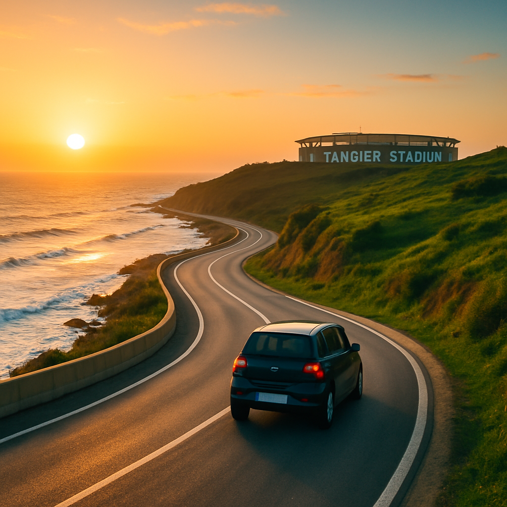 Tips for driving in Morocco during AFCON 2025: Rental car on coastal highway to Tangier venue, highlighting traffic rules, scenic routes from Rabat to Fez, and adventure beyond stadiums with car rental Morocco services.
