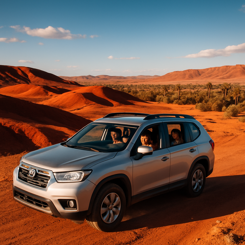 Why rent a car in Morocco for AFCON 2025: Family SUV navigating desert roads to Marrakesh matches, offering convenience over public transport for group adventures and sightseeing in host cities like Tangier and Fez.