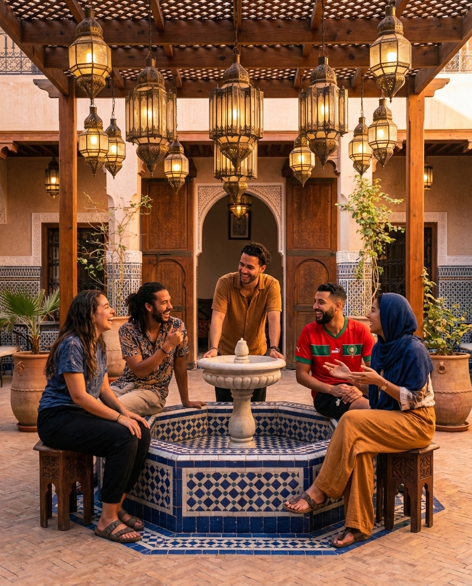Group of solo travelers connecting in a traditional Marrakech hostel courtyard, best hostels in Marrakech for solo travelers providing budget-friendly social vibes, tiled architecture and fountain in Morocco's medina for safe and fun stays