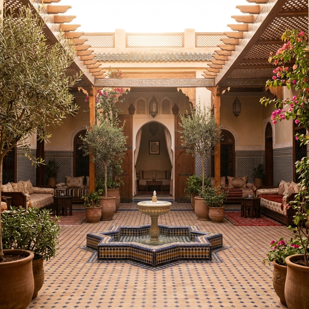 Traditional Moroccan riad courtyard with fountain and ornate tiles, comparing riad vs hotel Morocco options for solo travelers, best hostels in Marrakech blending authentic immersion and affordability during AFCON in vibrant medina settings