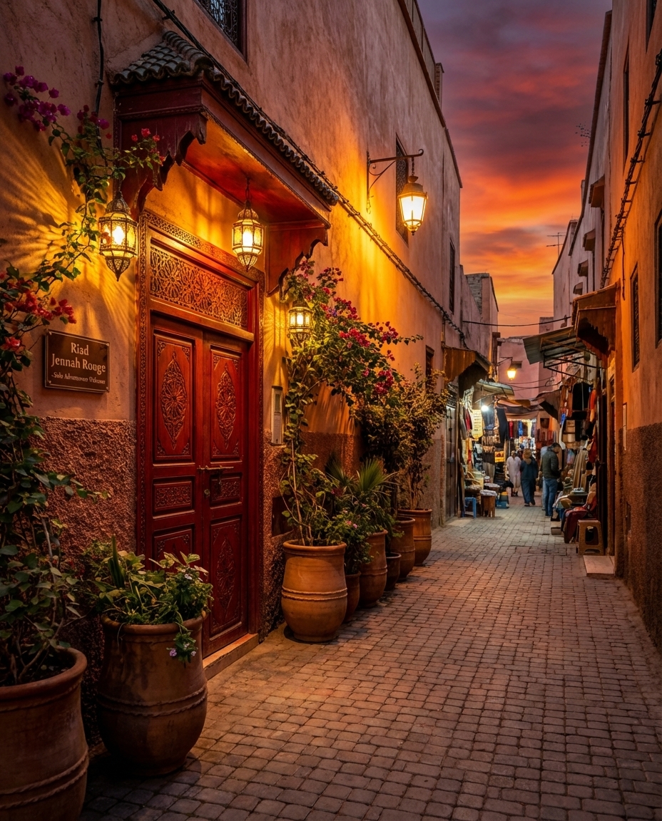 Iconic entrance to Riad Jennah Rouge, one of the best hostels in Marrakech for solo travelers, affordable dorms with rooftop pool near souks, authentic riad style in Morocco's vibrant medina for AFCON visitors seeking social experiences