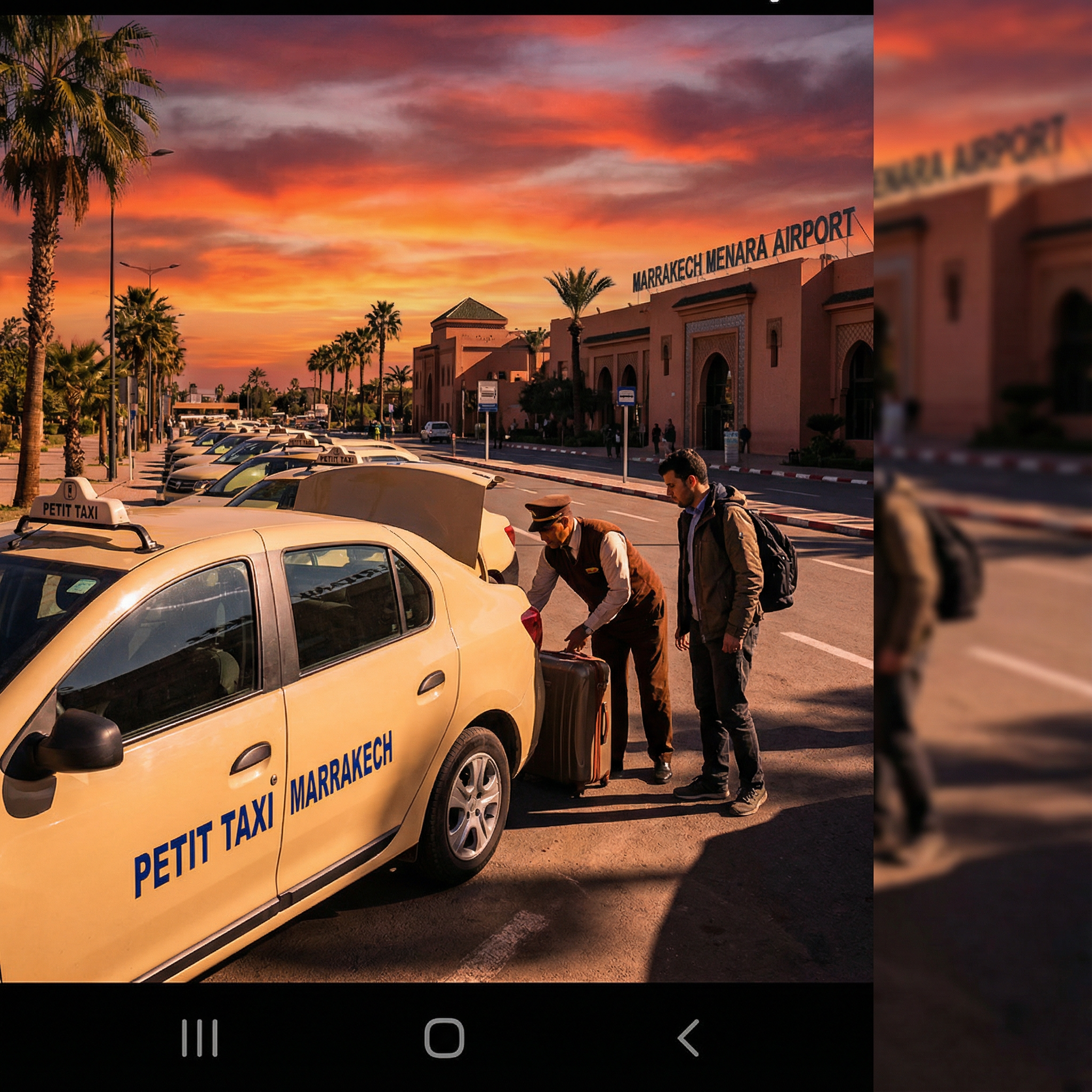 Official taxi services for Marrakech Menara airport transfer: Beige petit taxis waiting at designated rank, fixed fares 70-100 MAD daytime to city center, ideal for budget travelers avoiding haggling post-flight
