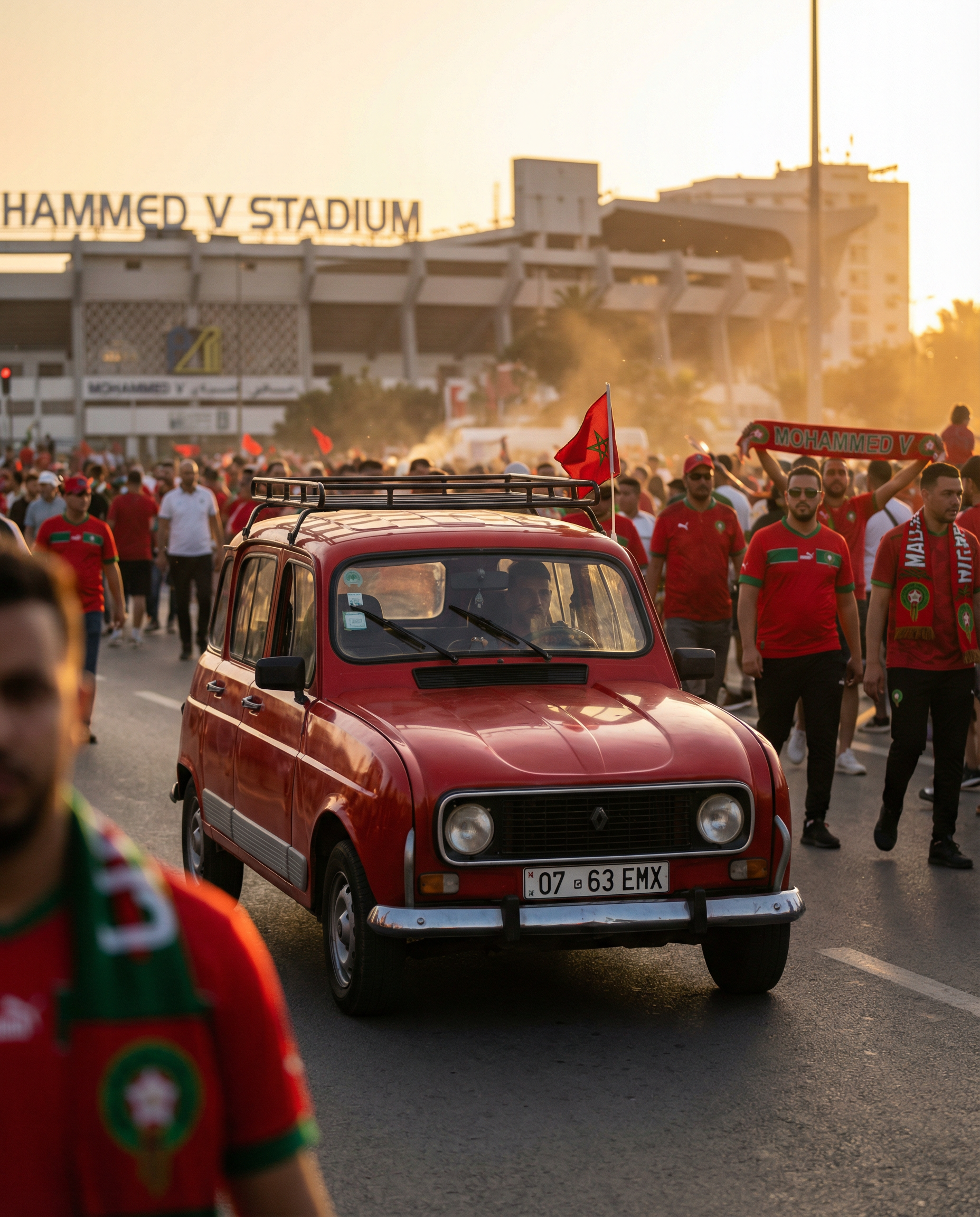 Taxi to AFCON stadium in Morocco: vibrant petit taxi heading to Mohammed V in Casablanca, flexible door-to-door service for 2025 tournament matches, perfect for navigating host cities like Rabat and Marrakech during peak fan crowds.