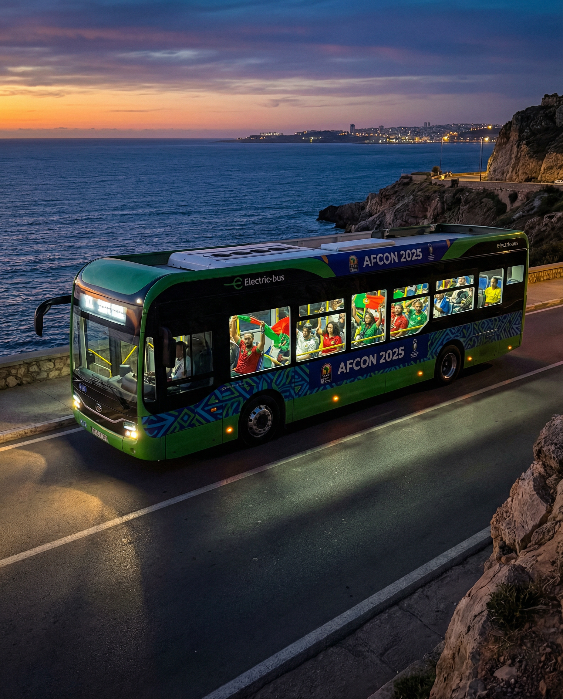 Eco-bus as transport between AFCON cities in Morocco: comfortable intercity option from Casablanca to Tangier for 2025 tournament, showcasing upgraded fleets for fans traveling to venues like Ibn Batouta Stadium and fan zones.