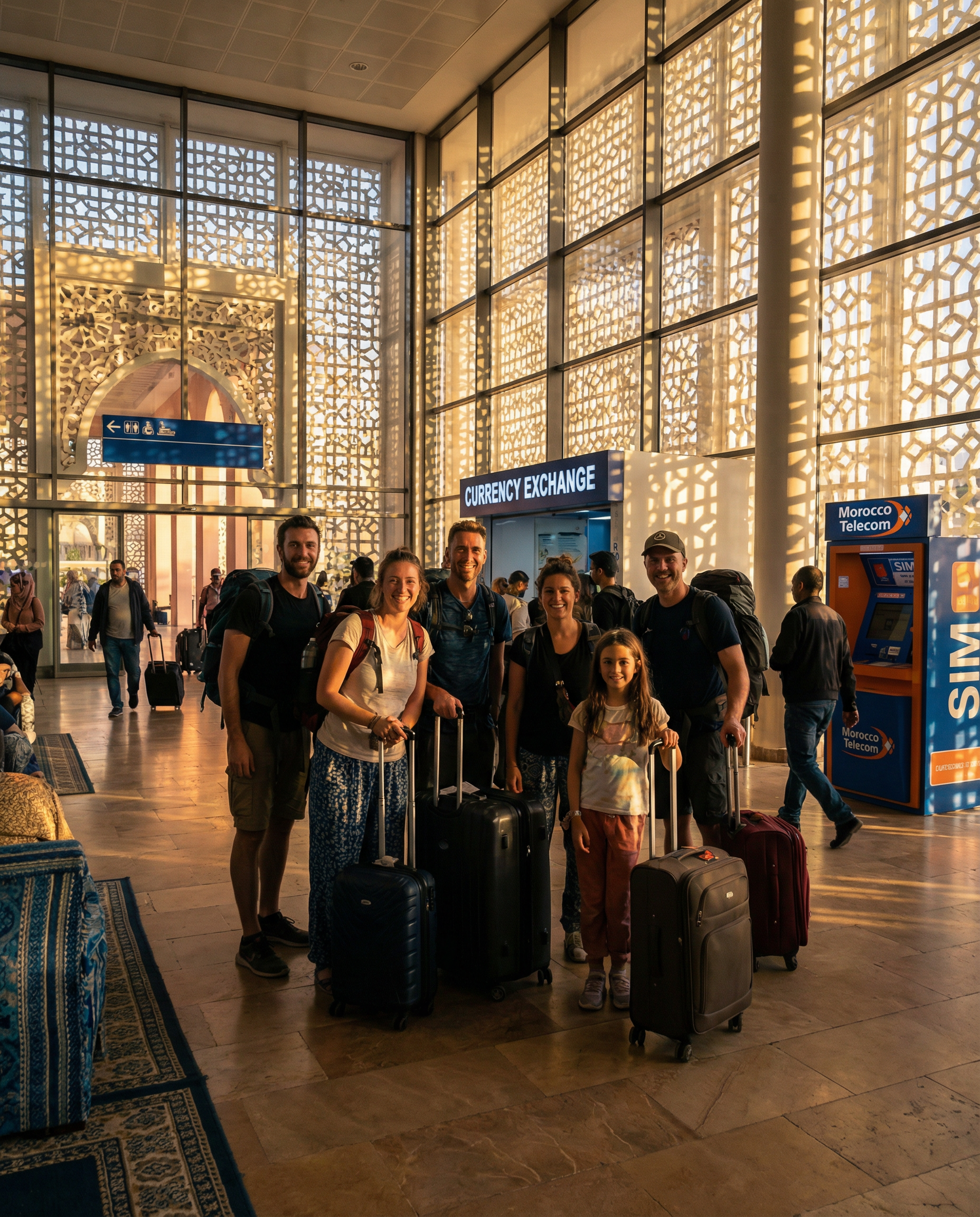 Marrakech Menara airport layout and arrival process: Modern terminal with stunning architecture, passport control, baggage claim, and exits to transport areas for efficient Marrakech Menara airport transfer to city center in 15-20 minutes