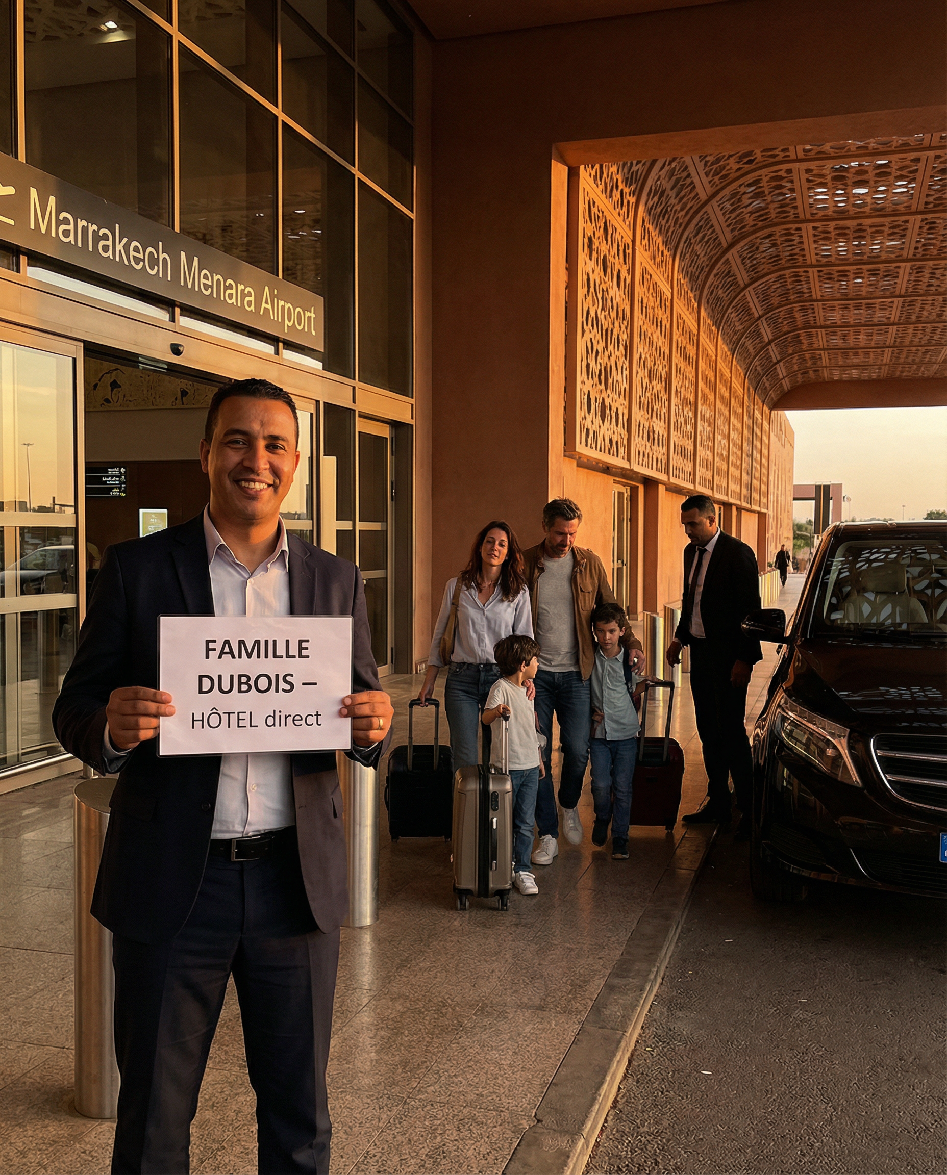 Private Marrakech Menara airport transfer services: Stress-free option with flight-monitored driver, fixed prices 200-400 MAD for small groups, direct to riad or Medina, perfect for comfort after long journey