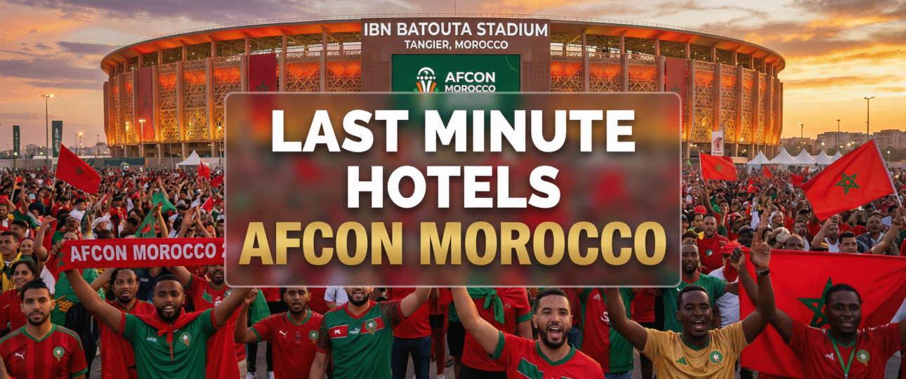 Excited AFCON fans gathering near Ibn Batouta Stadium in Tangier for Round of 16 matches, highlighting last minute hotels afcon options in Morocco for affordable stays during the 2025 Africa Cup of Nations, vibrant Moroccan football atmosphere