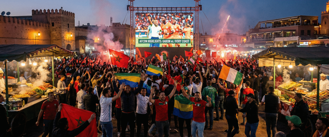 Excited crowd at AFCON fan zones Morocco watching Gabon vs. Ivory Coast match in Jemaa El-Fna Square, Marrakech, blending football thrill with New Year's Eve celebrations, vibrant public viewing experience for ticketless fans