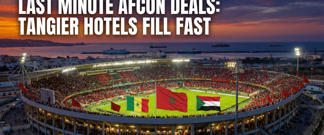 Exciting AFCON 2025 Round of 16 action at Grand Stade de Tangier, fans waving flags for Senegal vs Sudan match, ideal for last minute hotels AFCON bookings in Morocco's vibrant coastal city, capturing the thrill of knockout stage soccer tourism