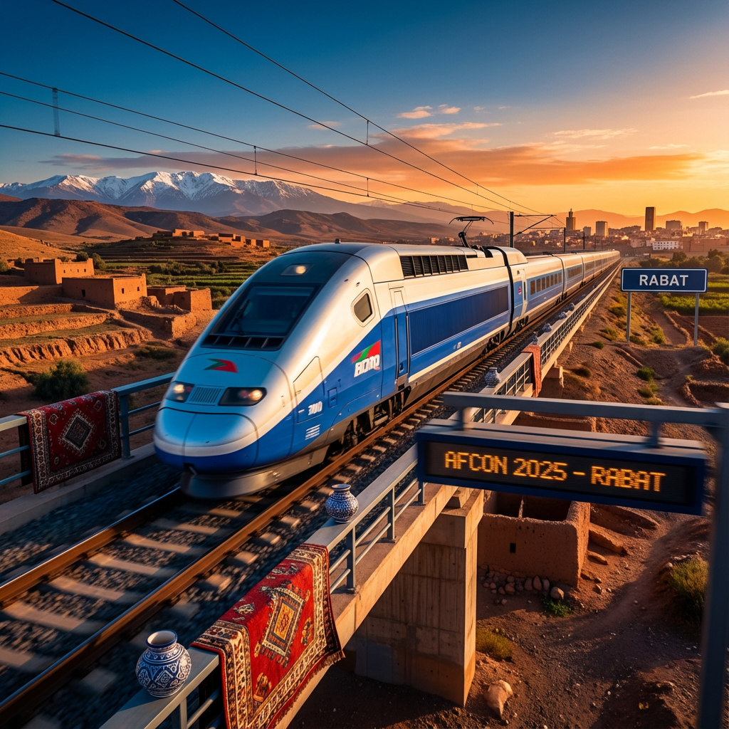 High-speed train Casablanca Rabat AFCON route: Al Boraq gliding through scenic landscapes, ideal for quick transport between key 2025 tournament venues, offering comfort and views of Morocco's diverse terrain for football fans.