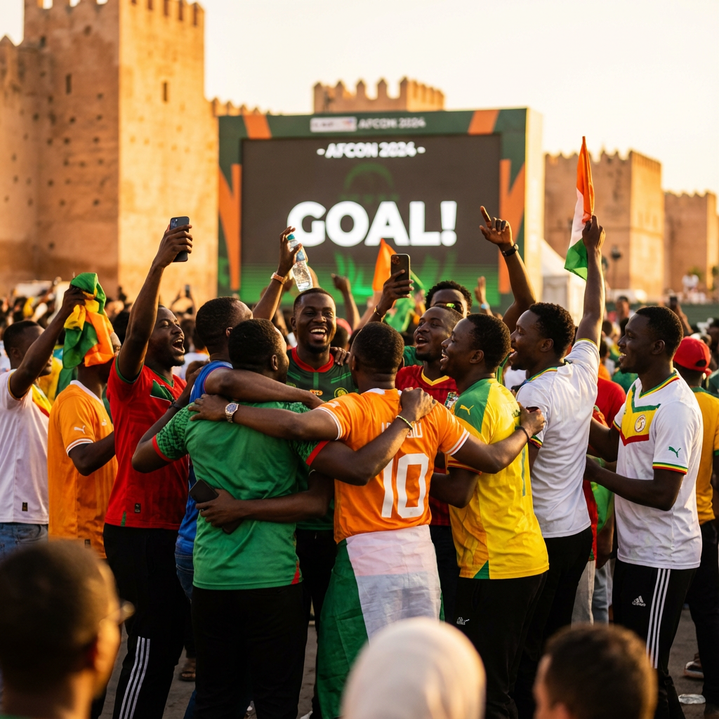 Vibrant atmosphere at AFCON fan zones Morocco, fans celebrating in medina-style setting with live match broadcast, capturing community spirit and Moroccan hospitality for football enthusiasts