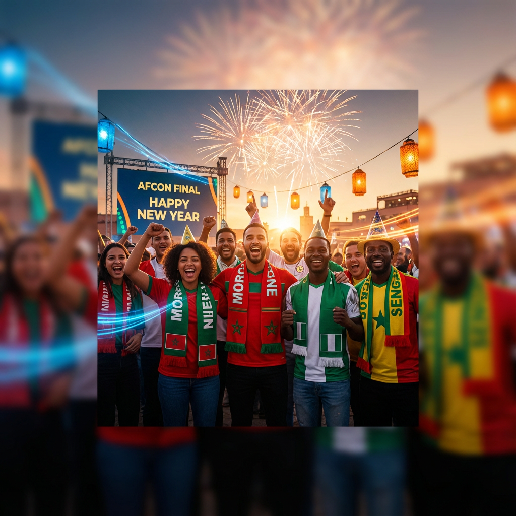 Combining AFCON fan zones Morocco with NYE celebrations in Marrakech, fans transitioning from Gabon vs. Ivory Coast game to midnight fireworks and street party vibes