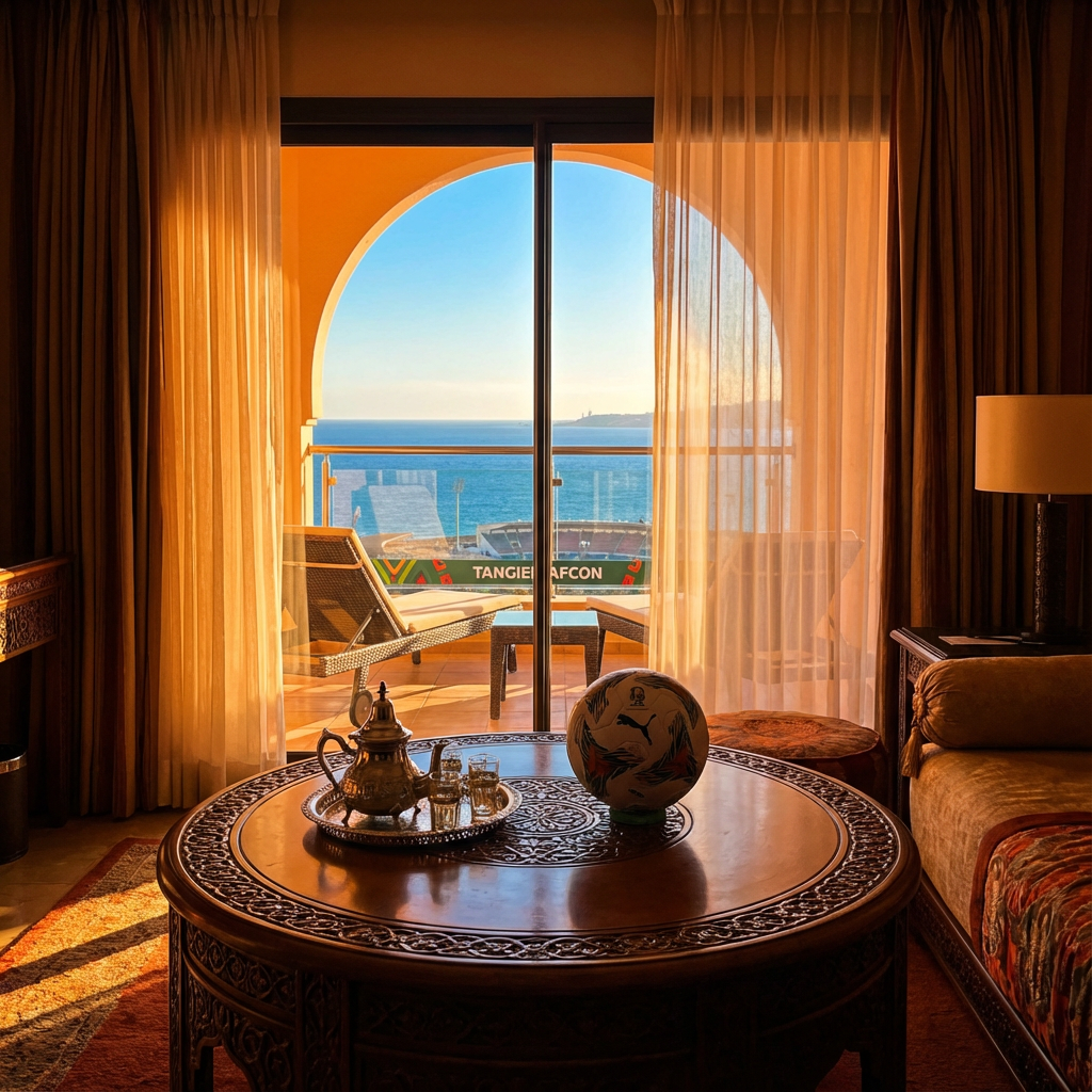 Luxurious beachfront hotel balcony in Tangier with AFCON vibes, perfect for last minute hotels AFCON stays offering spa relaxation and quick access to Grand Stade de Tangier for Round of 16 matches