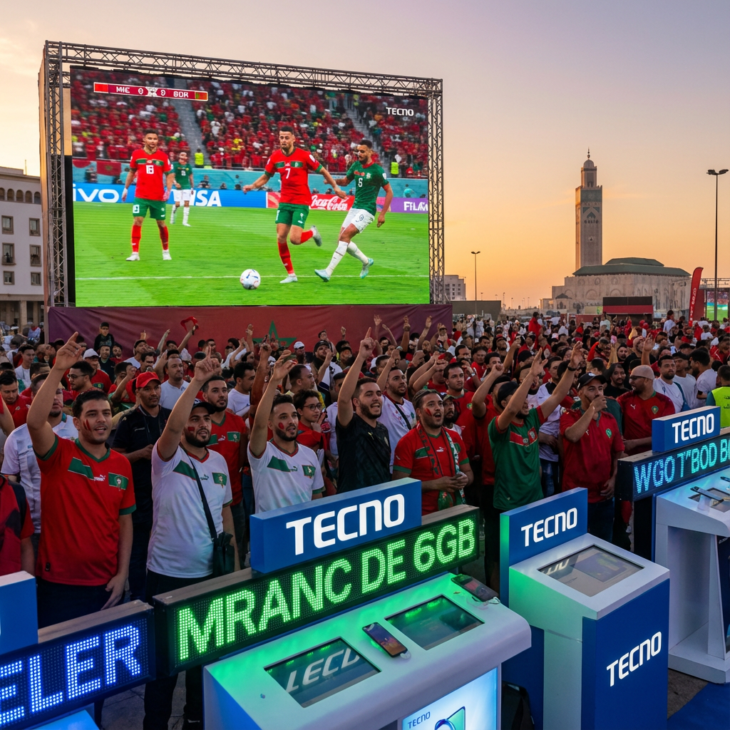 Immersive AFCON fan zones Morocco 2025 in Casablanca featuring high-tech screens, cheering fans, and cultural integrations – perfect for solo travelers joining the football celebration and local vibes