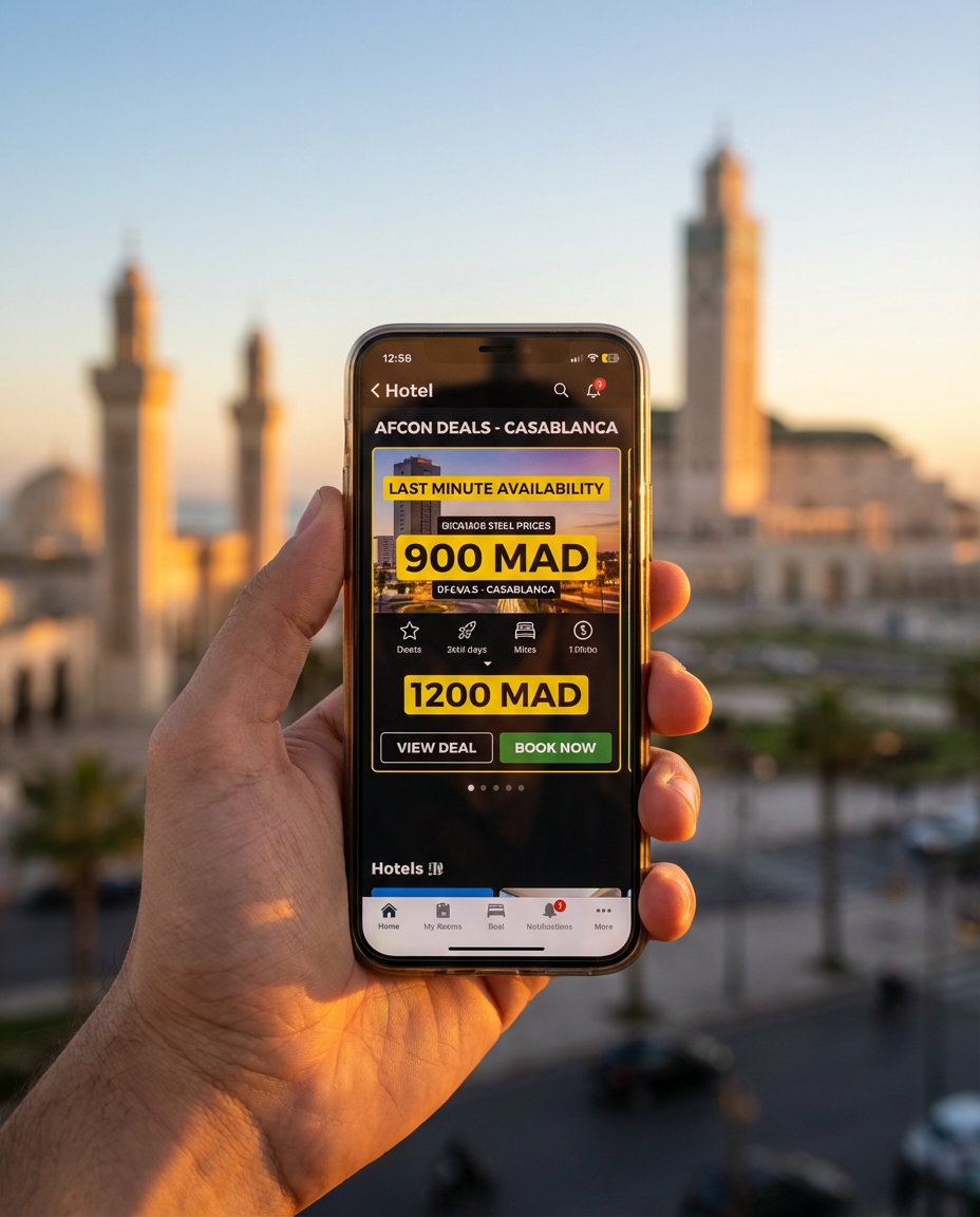 Smartphone displaying cheap hotel booking options for last minute hotels afcon in Morocco, focusing on Tangier, Casablanca, and Rabat during the 2025 AFCON Round of 16, easy access to affordable stays near stadiums