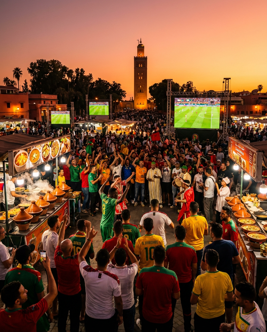 Jemaa El-Fna Square as top AFCON fan zones Morocco location for Gabon vs. Ivory Coast match, featuring giant screens, street food like tagine, and traditional Moroccan entertainment