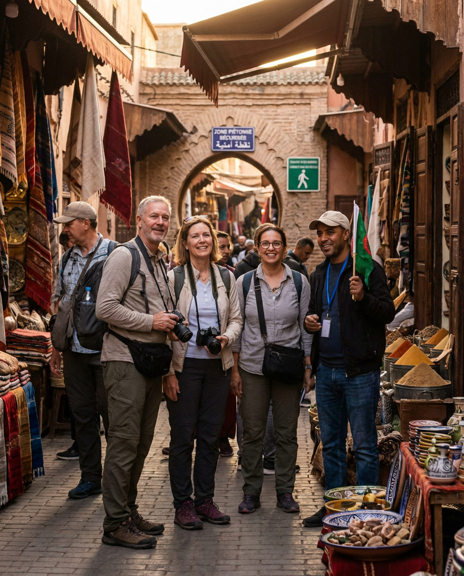 Practical safety tips for travelers asking what to do between AFCON matches in Morocco, showing vigilant fans navigating Marrakech streets to enjoy sightseeing without risks