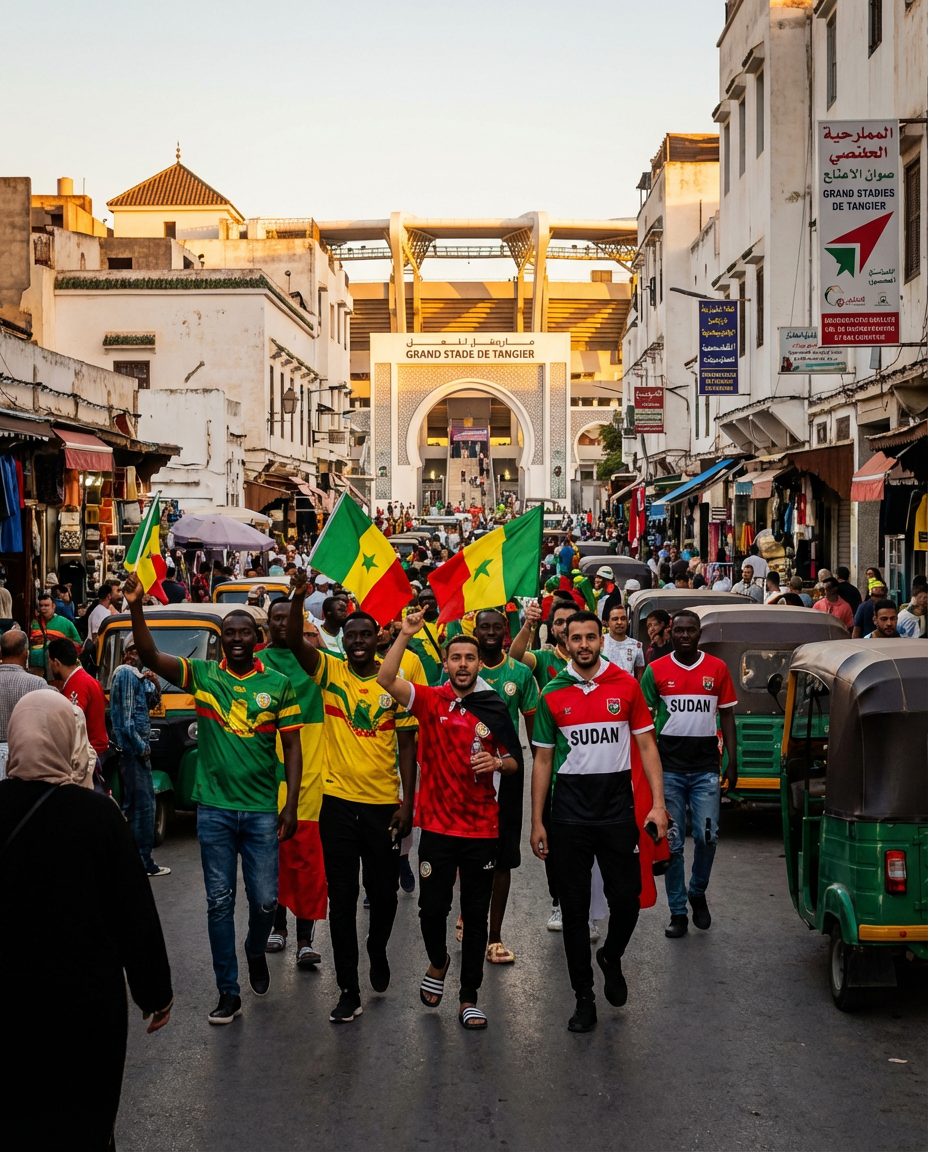 Fans in AFCON jerseys navigating Tangier streets en route to Grand Stade for Senegal vs Sudan match, highlighting the high demand for last minute hotels AFCON in Morocco's northern gateway city during knockout rounds