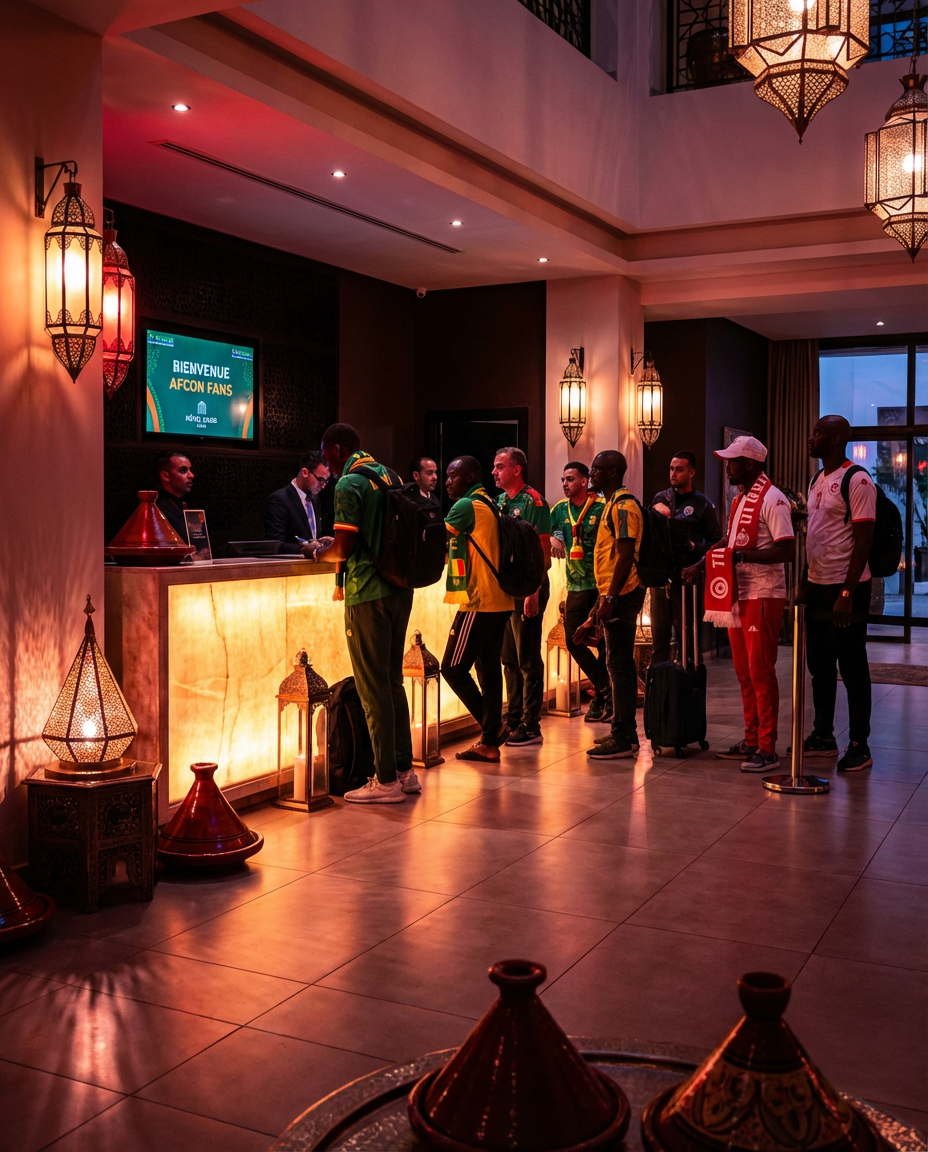 Bustling Casablanca hotel lobby for AFCON fans, showcasing mid-range comfort and proximity to rail links for Mali vs Tunisia match, essential for last minute hotels AFCON in Morocco's economic hub