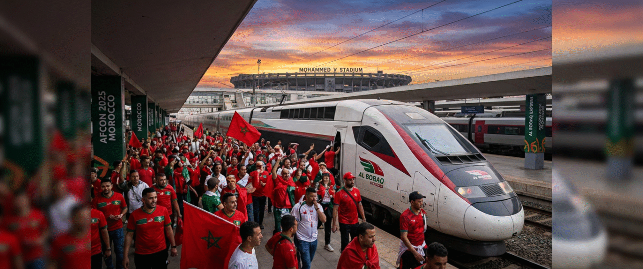 Exciting AFCON transport Morocco scene: fans with flags boarding Al Boraq train near Casablanca stadium, perfect for 2025 tournament travel between host cities like Rabat and Marrakech, inspiring seamless journeys across diverse Moroccan landscapes