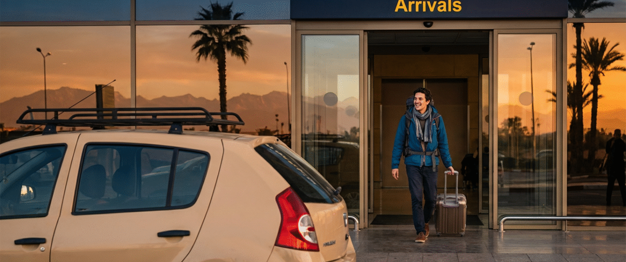 Hassle-free Marrakech Menara airport transfer: Traveler arriving at modern airport with options like taxis and private rides ready for quick city center journey, 5-6 km from vibrant Medina, essential guide for seamless Morocco vacation start